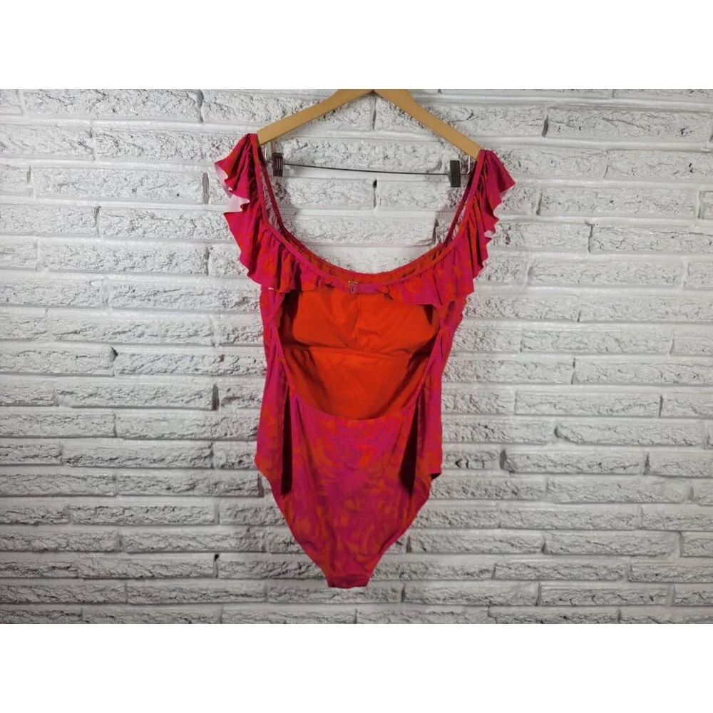 Mynah Womens Swimsuit XXL One Piece Open Back Pink Tropical Ruffle FLO69E